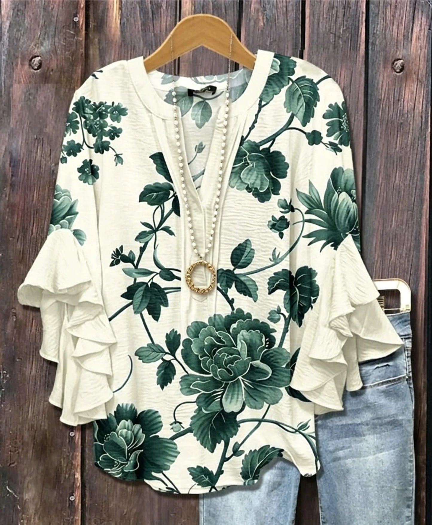 Women's V Neck Ruffle Half Sleeve Floral Print Blouse, Casual Daily Holiday Tops White Green Spring Summer
