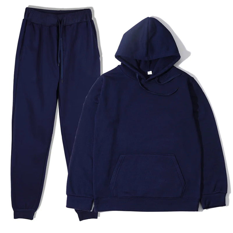 Navy blue hoodie and jogger pants set on a white background
