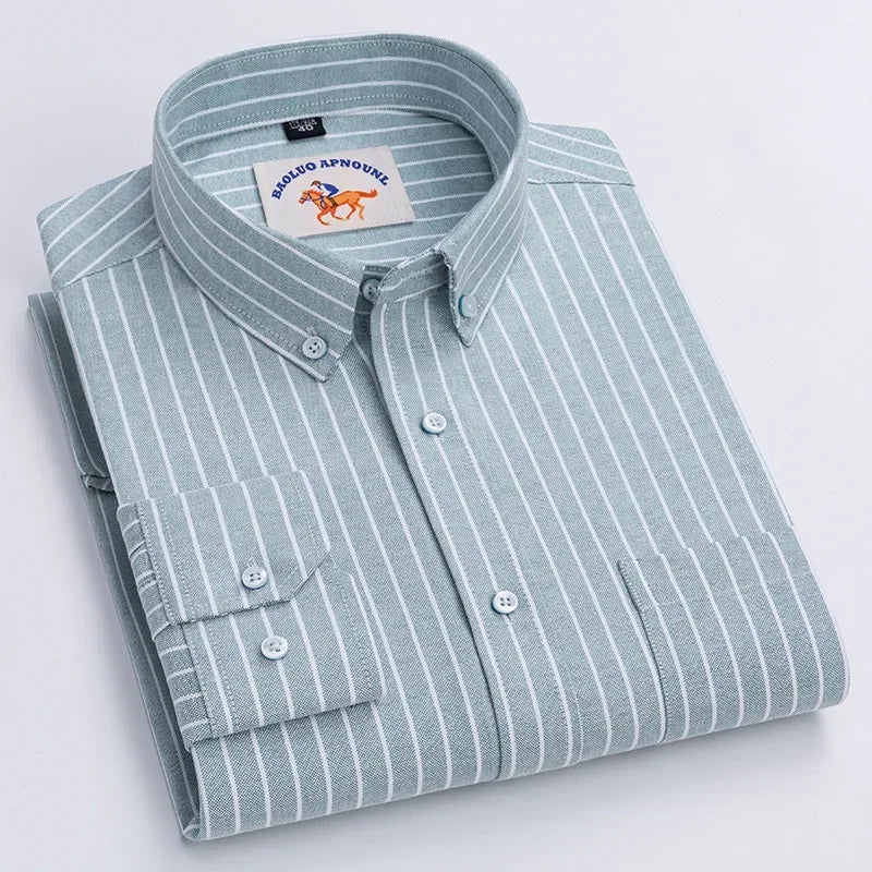 Men’s Oxford Cotton Shirt – Long Sleeve Embroidered Horse Design
