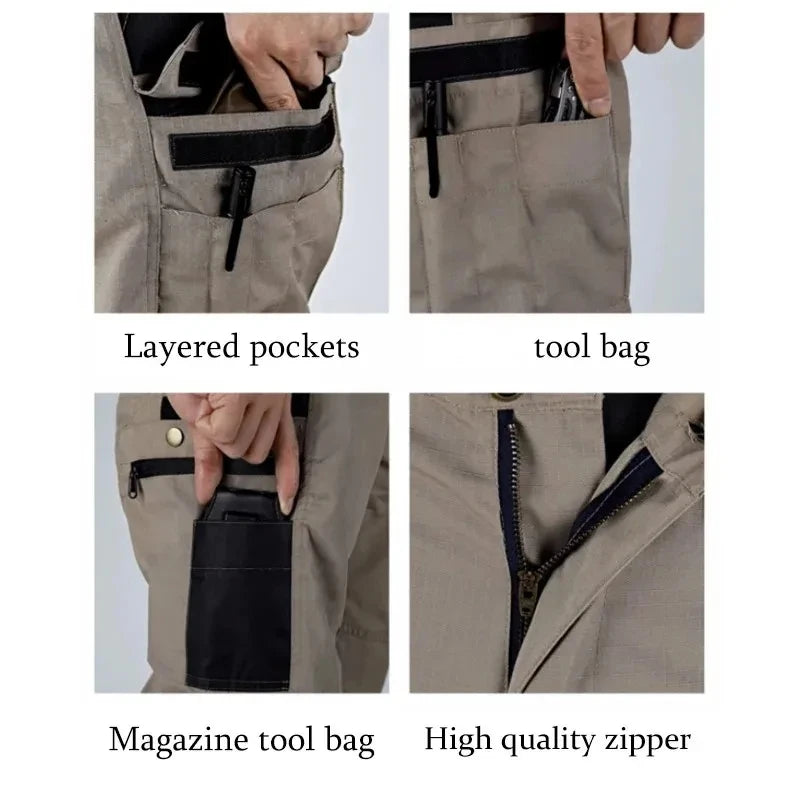 Pants with layered pockets, tool bag, magazine tool bag, and high quality zipper on a white background.