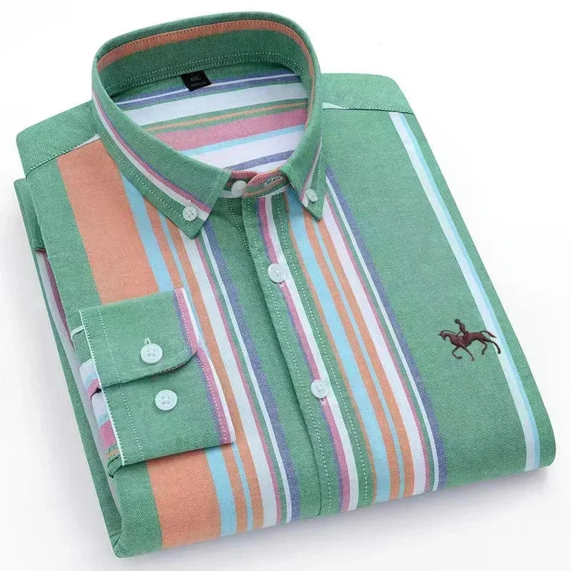 Men’s Oxford Cotton Shirt – Long Sleeve Embroidered Horse Design