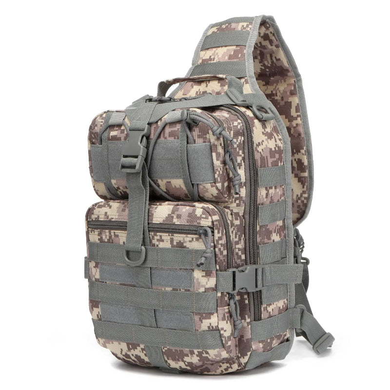 Camouflage backpack with multiple straps on a white background