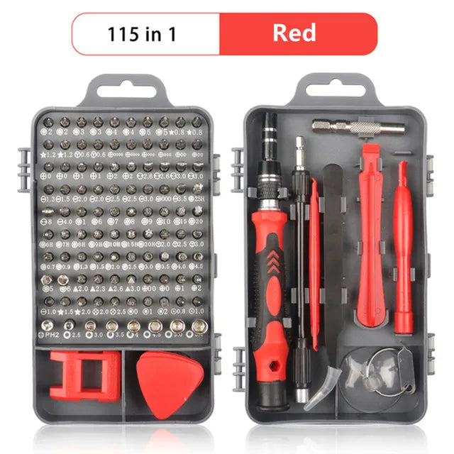115 in 1 red screwdriver set with tools and bits in a black case.