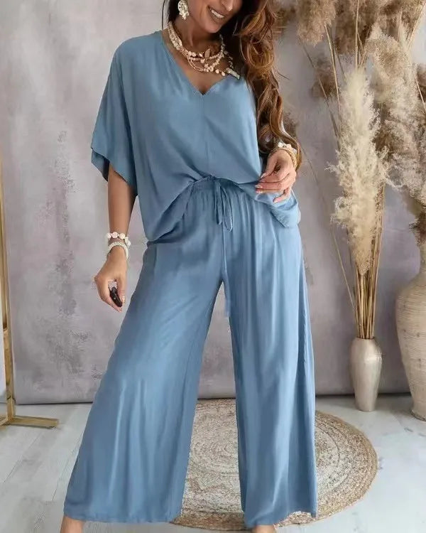Women’s 2-piece vacation outfit V-neck blouse and wide leg beachwear pants set blue