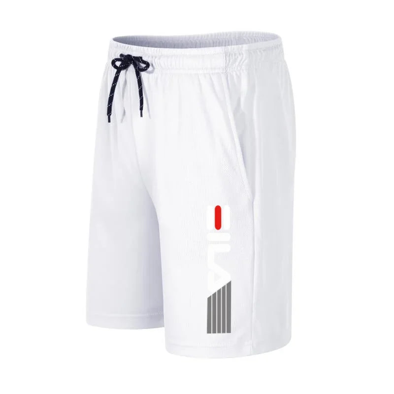 White shorts with a red and black drawstring on a white background