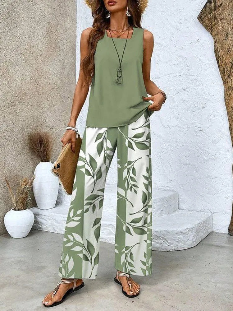 Comfortable Casual Square Collar Pullover Vest Long Trousers Digital Print Two-piece Set Women's Simple Commuting Trousers Set