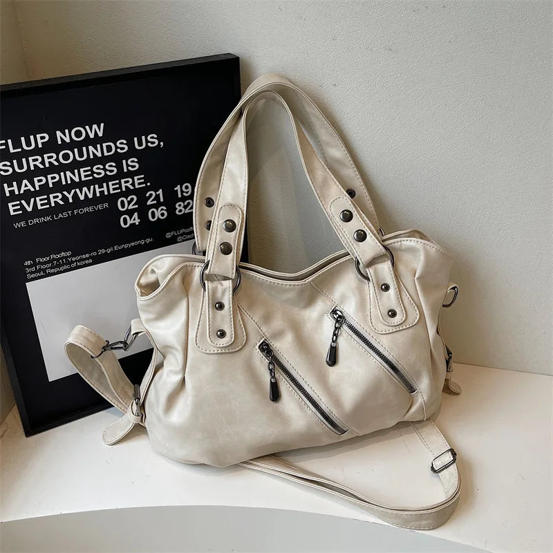 Glossy PU Designed Rivet Zipper One Shoulder Bag Large Capacity Versatile Tote Bags Delicate Soft All-Match Crossbody Packs
