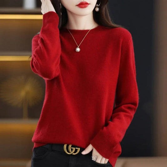 Women’s long-sleeved solid color knit pullover sweater with O-neck red