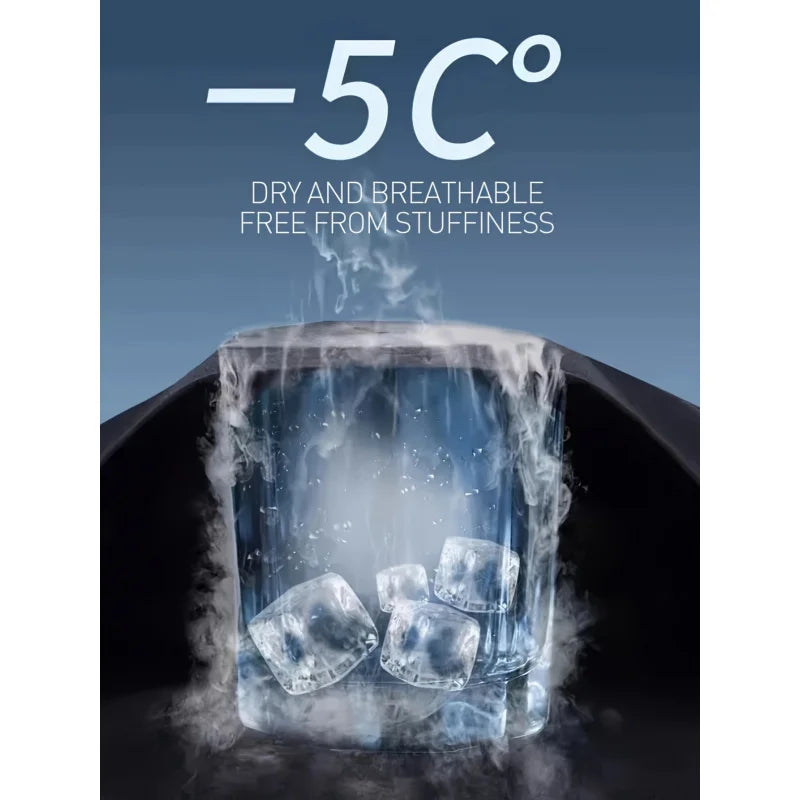 Ice cubes in a container with text indicating dry and breathable properties at -5C°C.