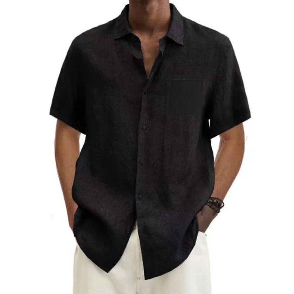 Men’s cotton linen short-sleeve shirt with turn-down collar in solid color, casual beach style, plus size available, lightweight summer top. --003