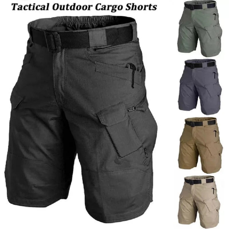 Tactical outdoor cargo shorts in various colors with a belt.