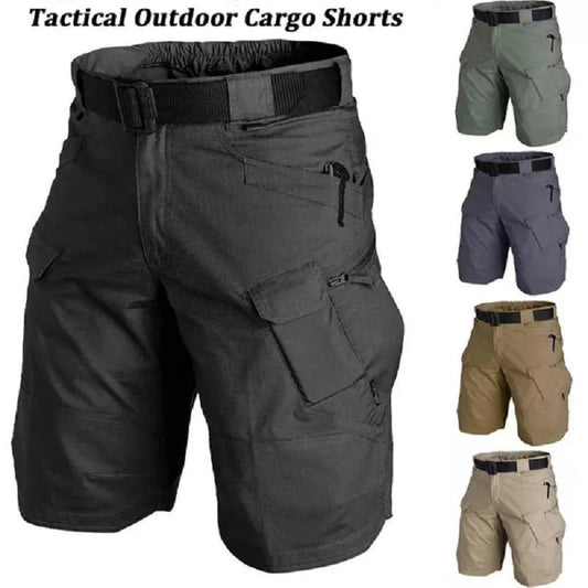 Tactical outdoor cargo shorts in various colors with a belt.