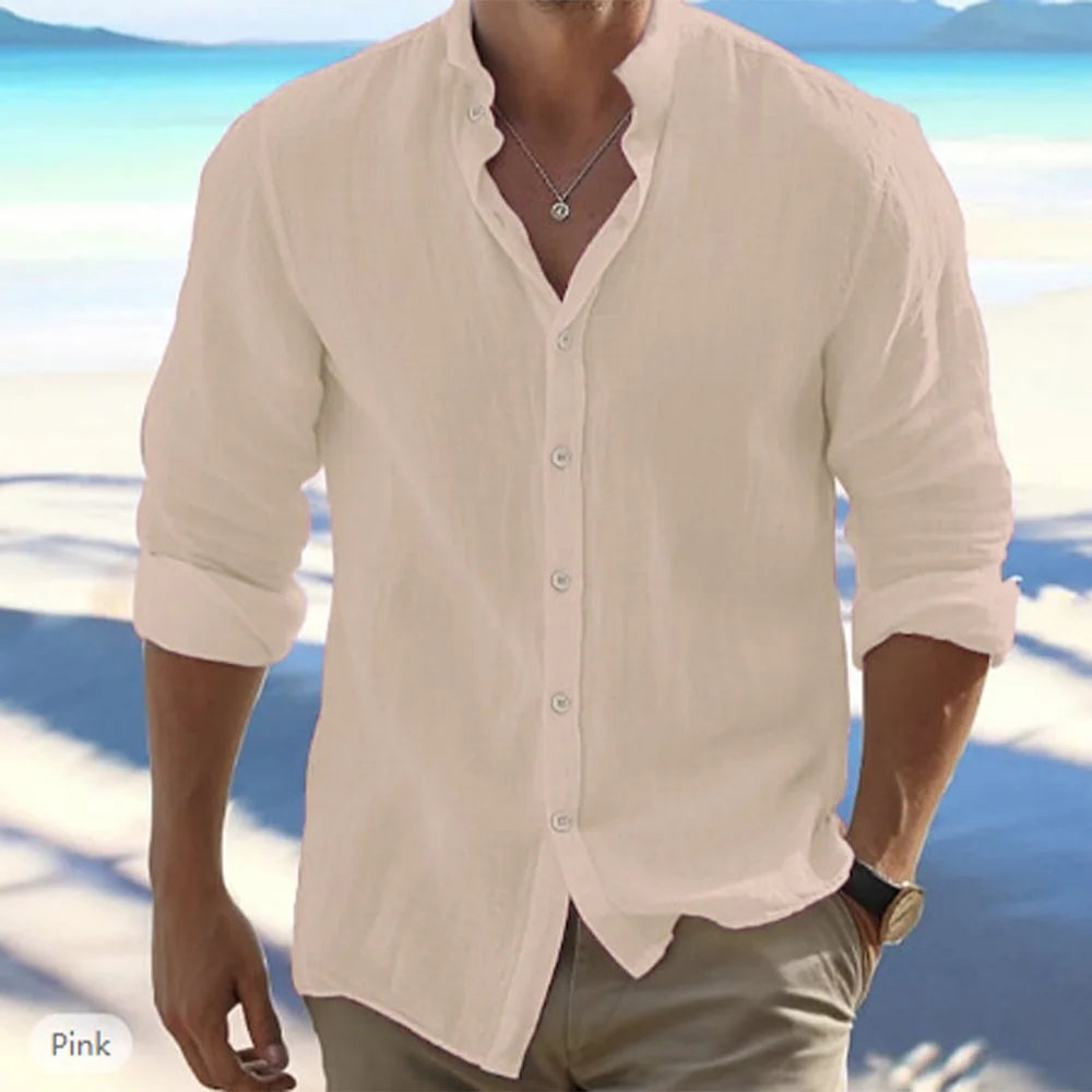Men’s summer cotton linen long sleeve shirt with stand-up collar in solid color, casual beachwear style, available in plus sizes - Khaki