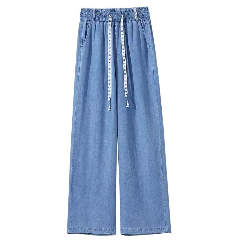 Blue wide-leg pants with a drawstring on a white background