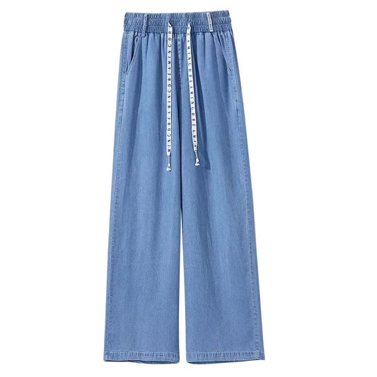 Blue wide-leg pants with a drawstring on a white background