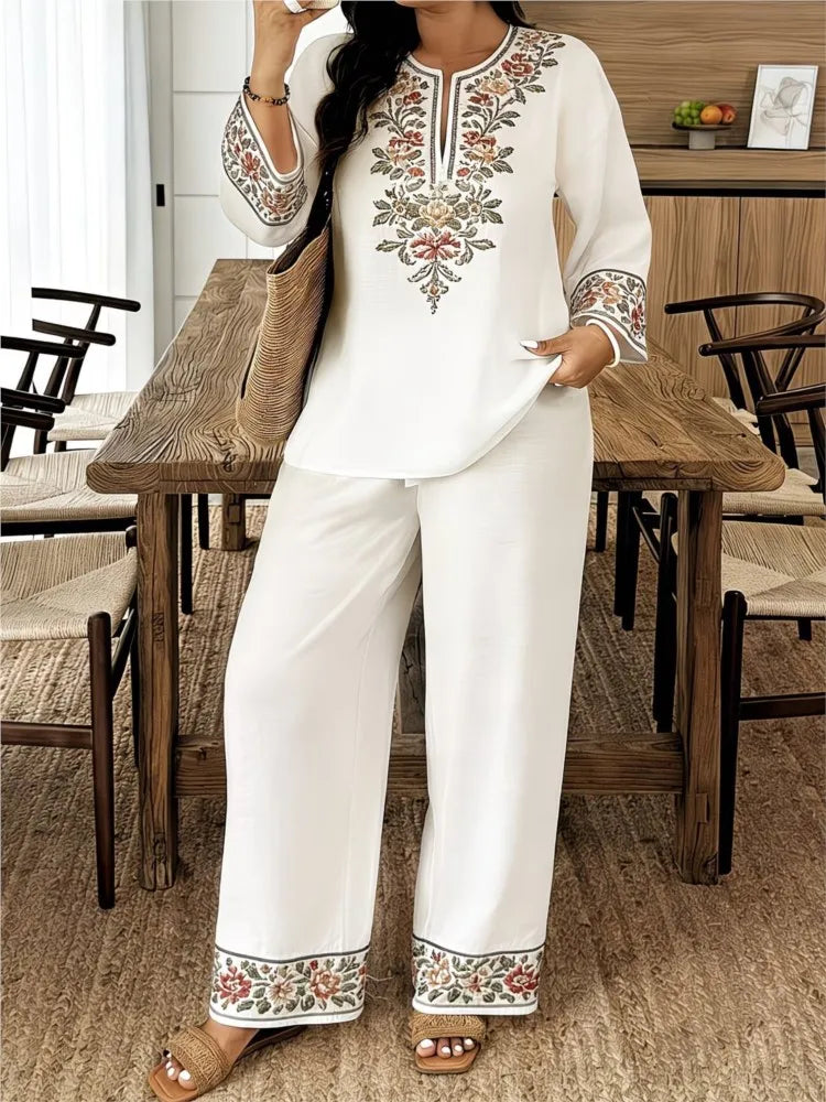 Fashion Retro Printed Long-sleeved O Neck Shirt And Trousers Women's Suit Autum Loose Simple Ethnic Female Trousers 2-piece Set