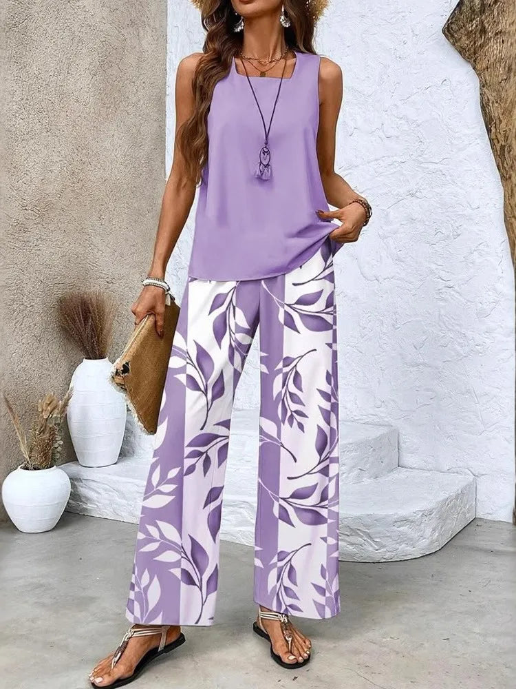 Comfortable Casual Square Collar Pullover Vest Long Trousers Digital Print Two-piece Set Women's Simple Commuting Trousers Set
