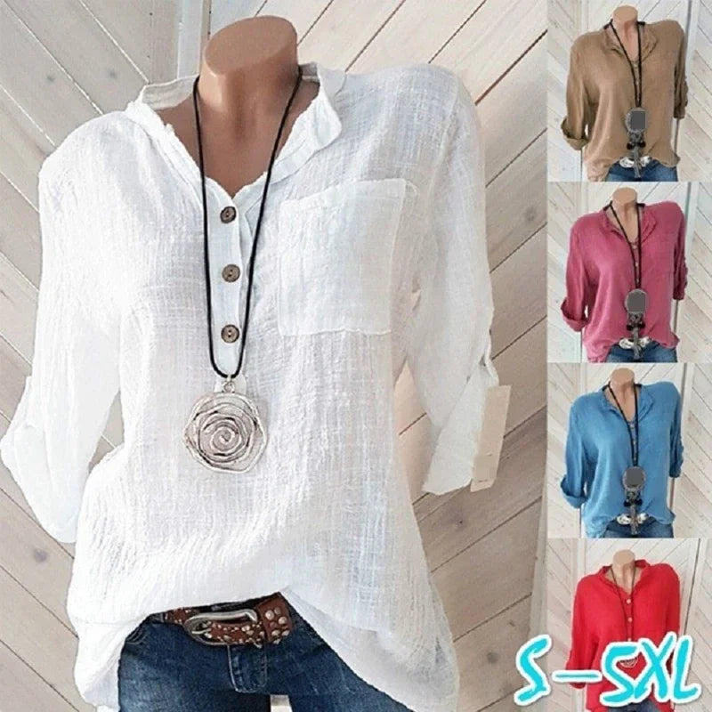 Women Blouses Cotton Linen Blouse Autumn Shirts Casual Long Sleeve Button V Neck Loose Shirt Lady Tops Tailor-made T-Shirts