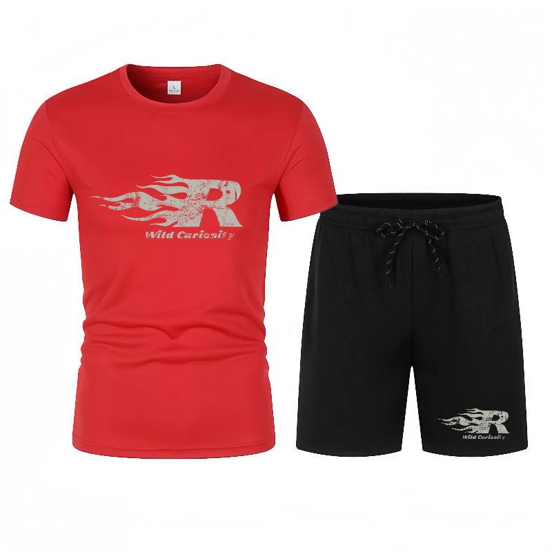Red t-shirt and black shorts with a logo on a white background