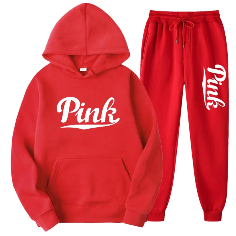Red hoodie and sweatpants set with 'Pink' text on a white background