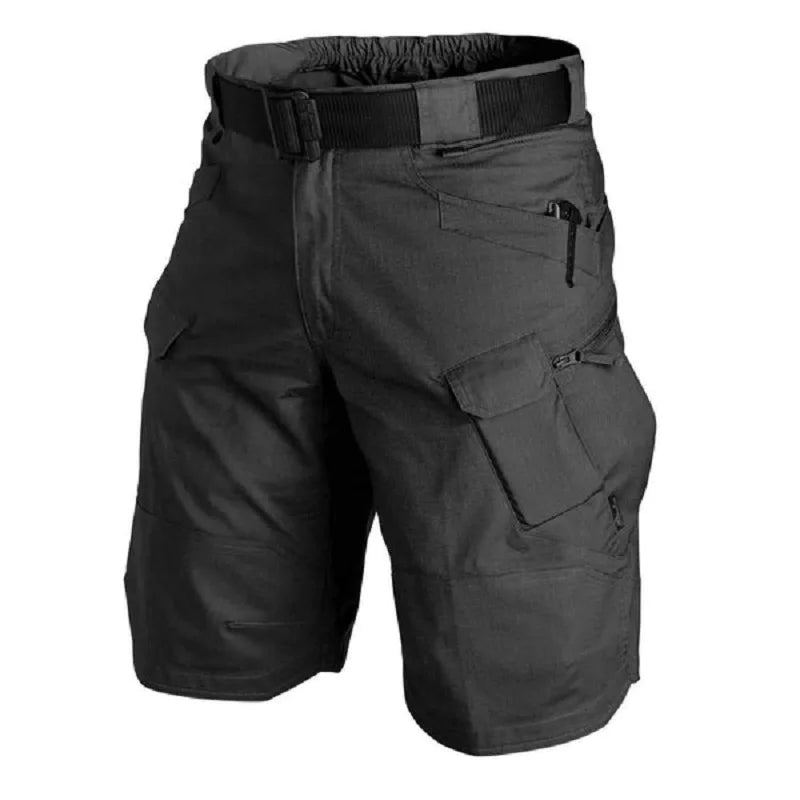 Black tactical shorts with multiple pockets and a belt on a white background