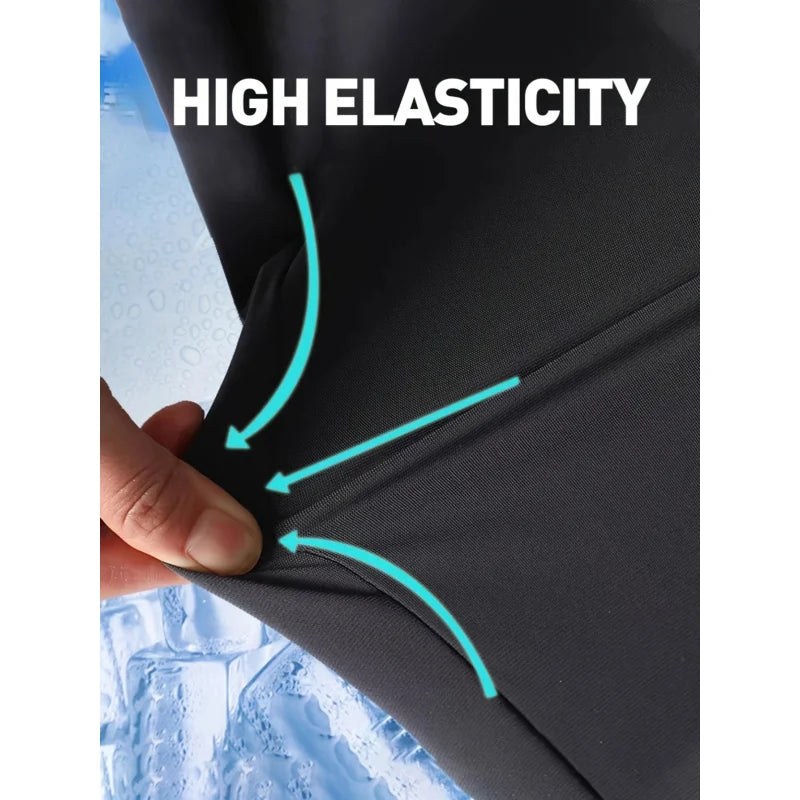 Close-up of a black fabric with high elasticity feature highlighted, showing stretching capability.