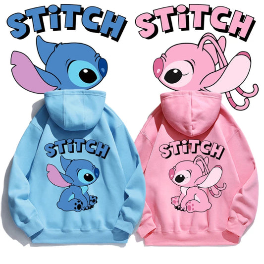 Loose fit Stitch cartoon hoodie with anime design, cozy for autumn/winter, perfect for couples or fans of cute American-style hoodies  pink and blue
