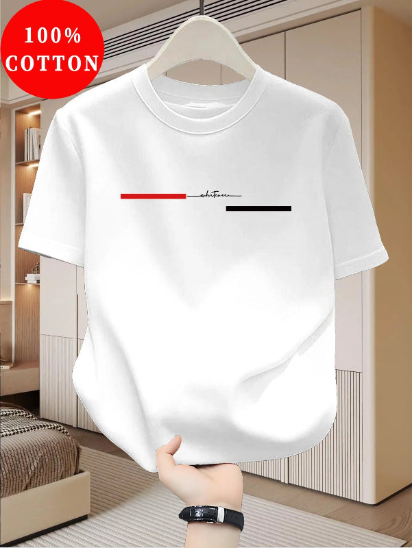 White t-shirt with a brand logo on a hanger in a bedroom setting