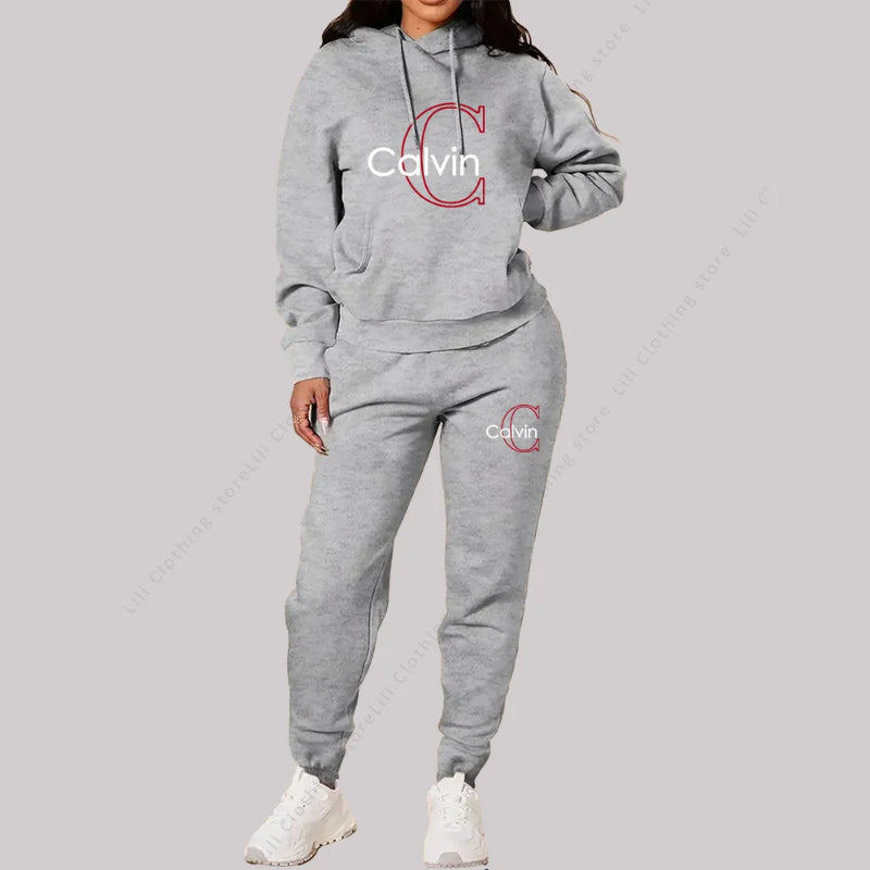 Gray Calvin tracksuit worn by a person on a light gray background
