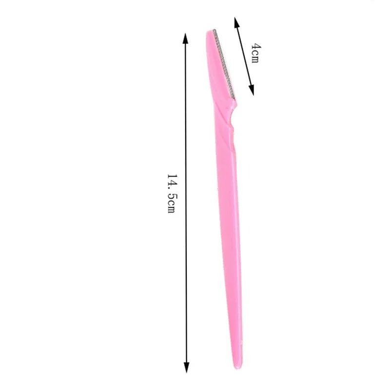 Pink eyebrow razor with measurements on a white background