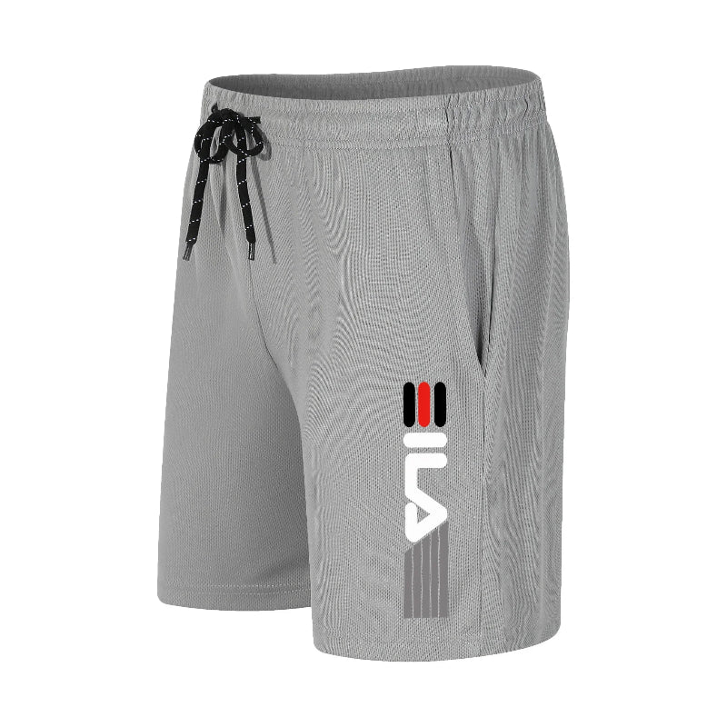 Gray shorts with a logo on a white background