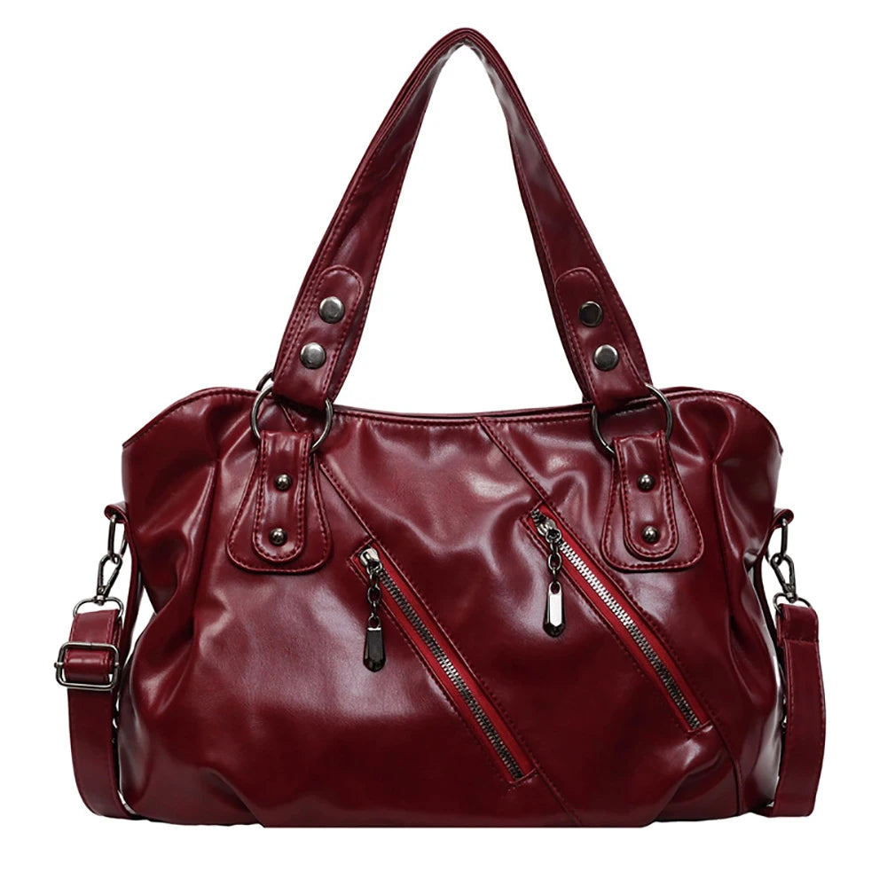 Glossy PU Designed Rivet Zipper One Shoulder Bag Large Capacity Versatile Tote Bags Delicate Soft All-Match Crossbody Packs