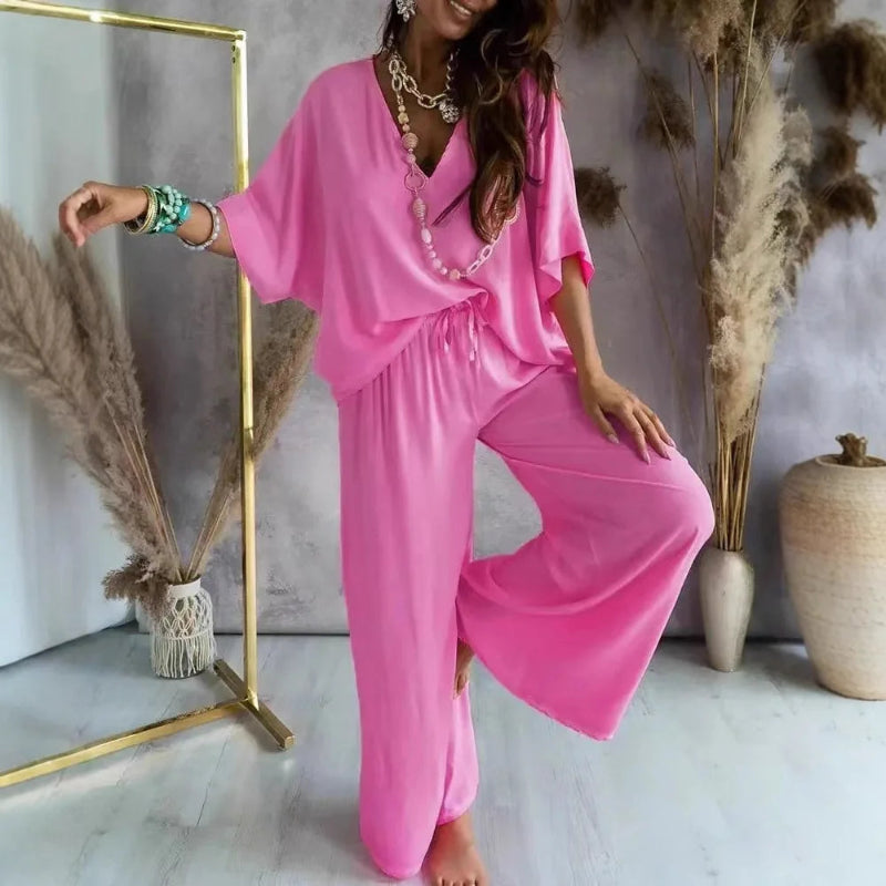 Women’s 2-piece vacation outfit V-neck blouse and wide leg beachwear pants set pink