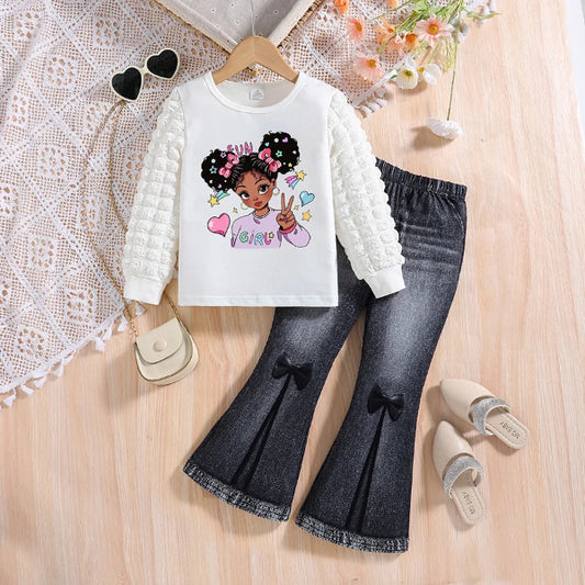 Girls' spring and autumn fashion set with white cartoon long sleeve top and solid color slimming pants, two-piece outfit