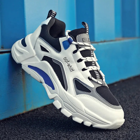 Sneaker with blue and black accents on a blue background