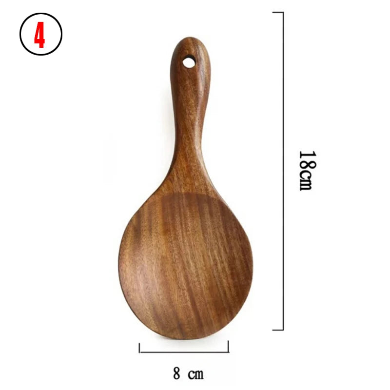 Thailand teak natural wood kitchen utensils set – spoon, ladle, turner, rice colander, soup skimmer, scoop cooking tools size