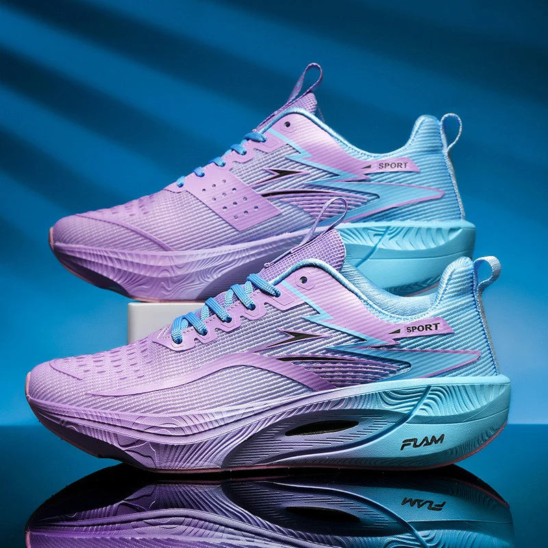 Pair of pink and blue athletic shoes on a reflective surface with a blue gradient background