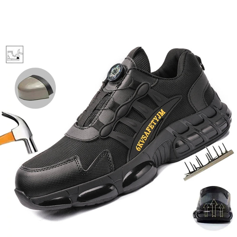 Black safety shoe with '6XU SAFETY' branding, surrounded by a hammer and brush on a white background.