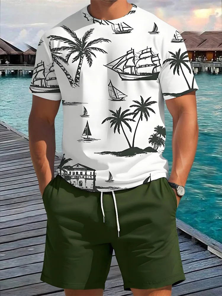 Men's Summer Fashion Casual Loose-Fit Set Plus Size Coconut Grove Print Crew Neck Short Sleeve Drawstring Shorts Two-Piece Set