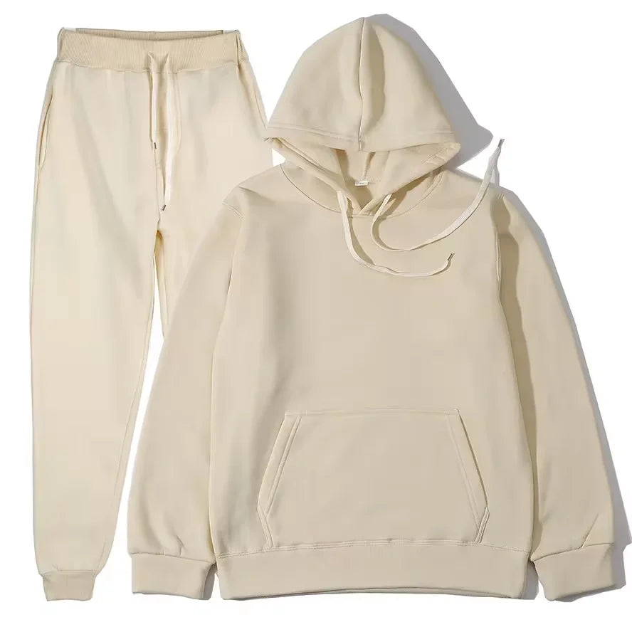 Unisex solid color fleece hoodie and pants two‑piece sports set for autumn and winter beige