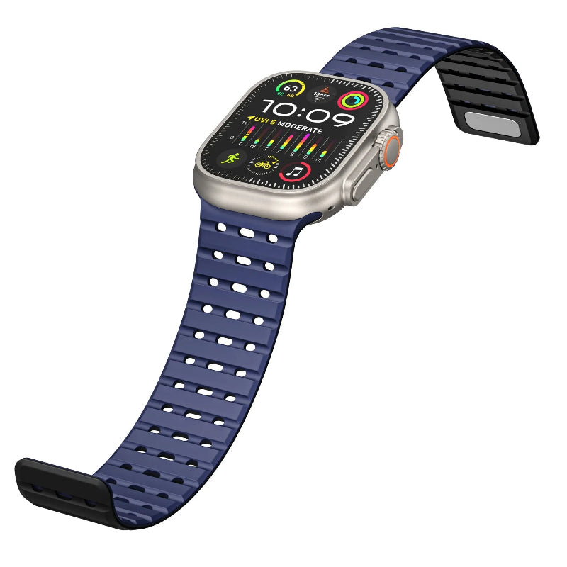 The image shows a variety of magnetic straps for Apple Watches in different colors, with a prominent orange strap displayed in detail, along with options for different watch models.