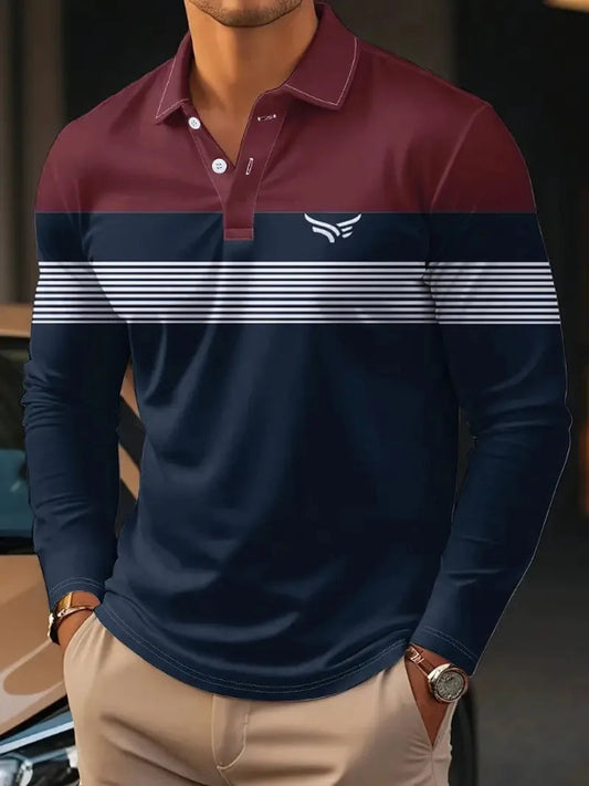 Navy long-sleeve polo shirt with white stripes and a logo, worn by a person.