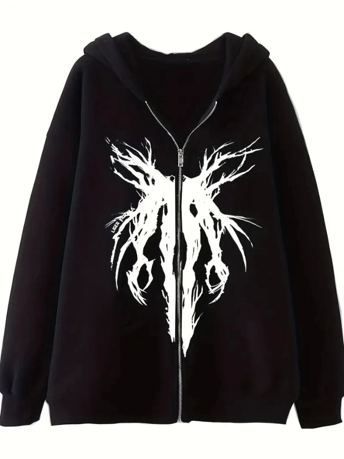 Gothic Graphic Print Zip-Up Hoodie for Women – Casual Long Sleeve Streetwear Sweater  - 01