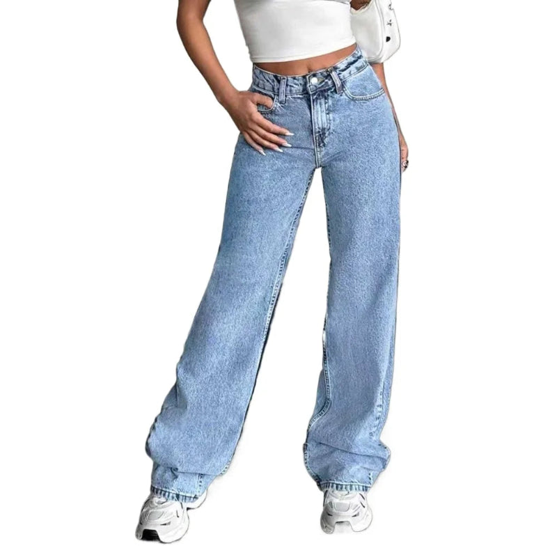 Light blue jeans worn by a person on a white background