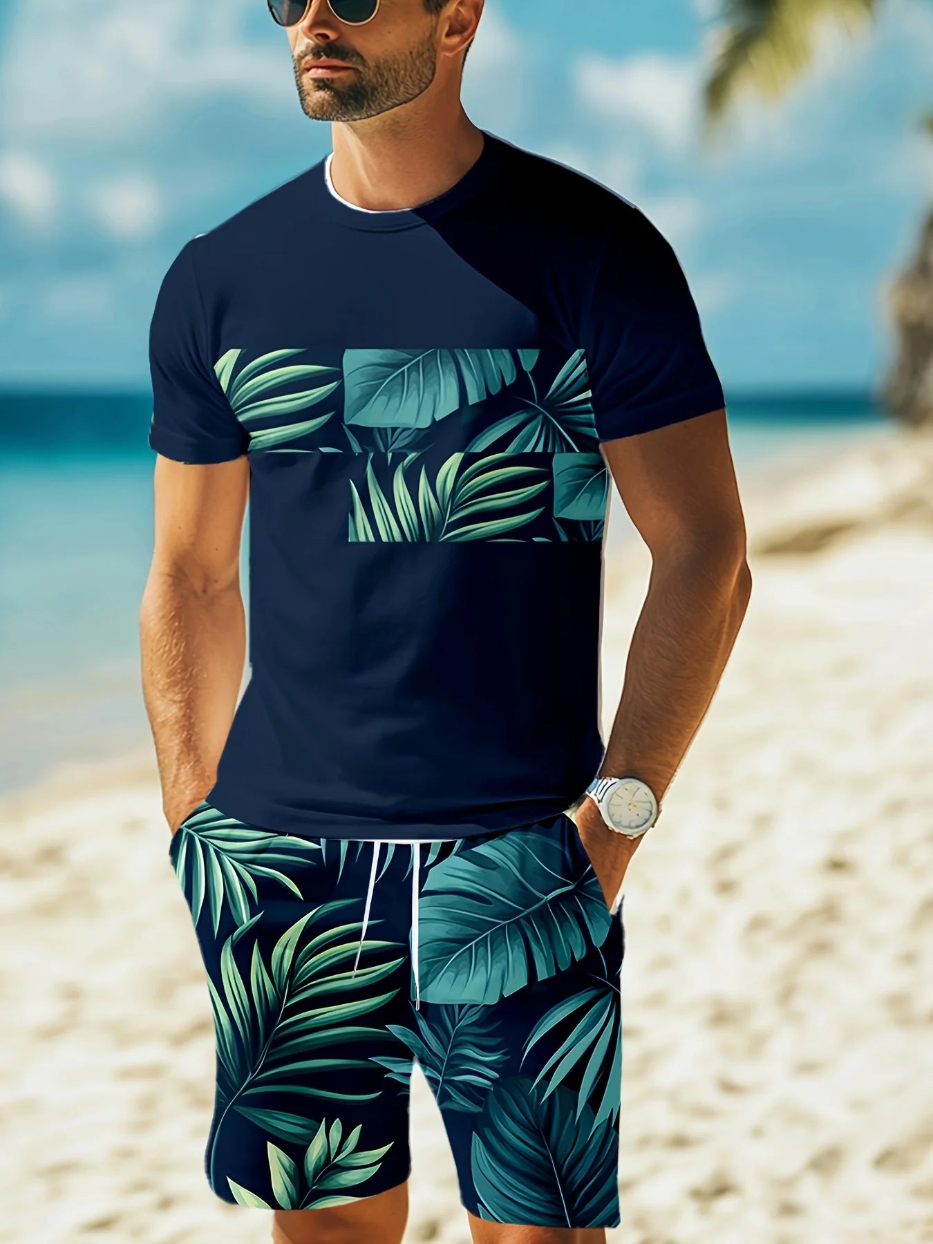 Men's Summer Fashion Casual Loose-Fit Set Plus Size Coconut Grove Print Crew Neck Short Sleeve Drawstring Shorts Two-Piece Set