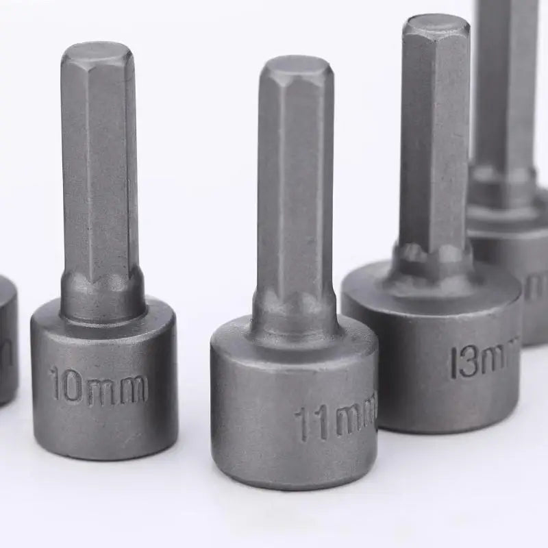 Set of hex bit sockets with measurements on a white background