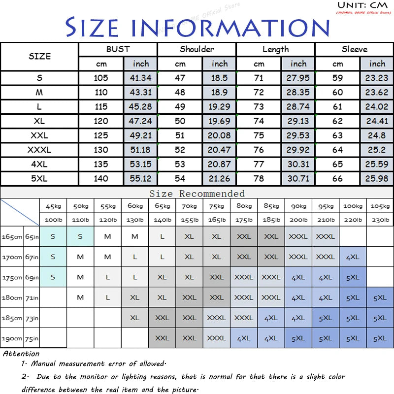 Size information chart for clothing with measurements in centimeters and inches.