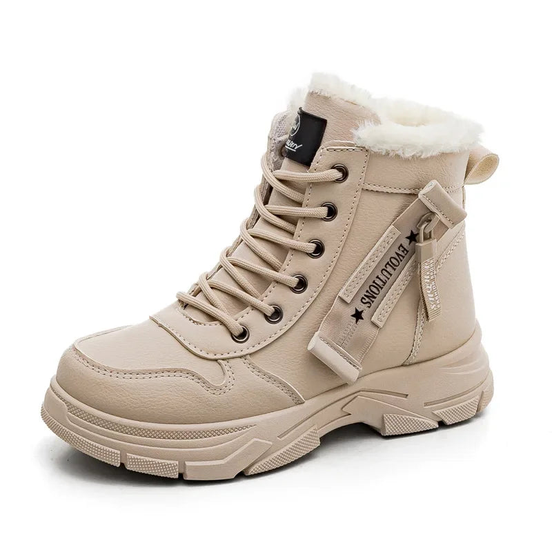 Beige winter boot with fur lining on a white background