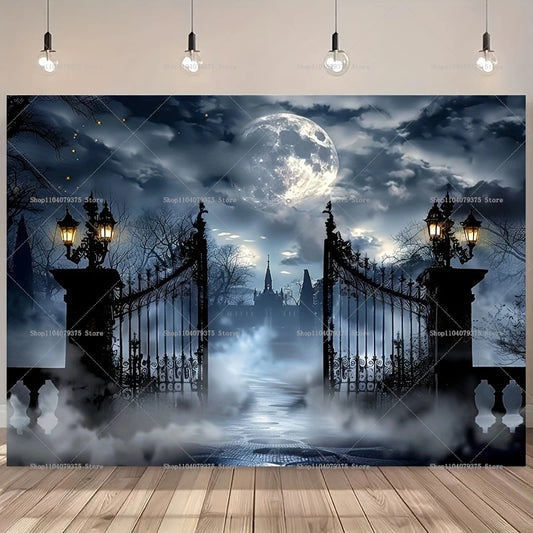 Gothic-style gate with lanterns under a moonlit sky in a room.