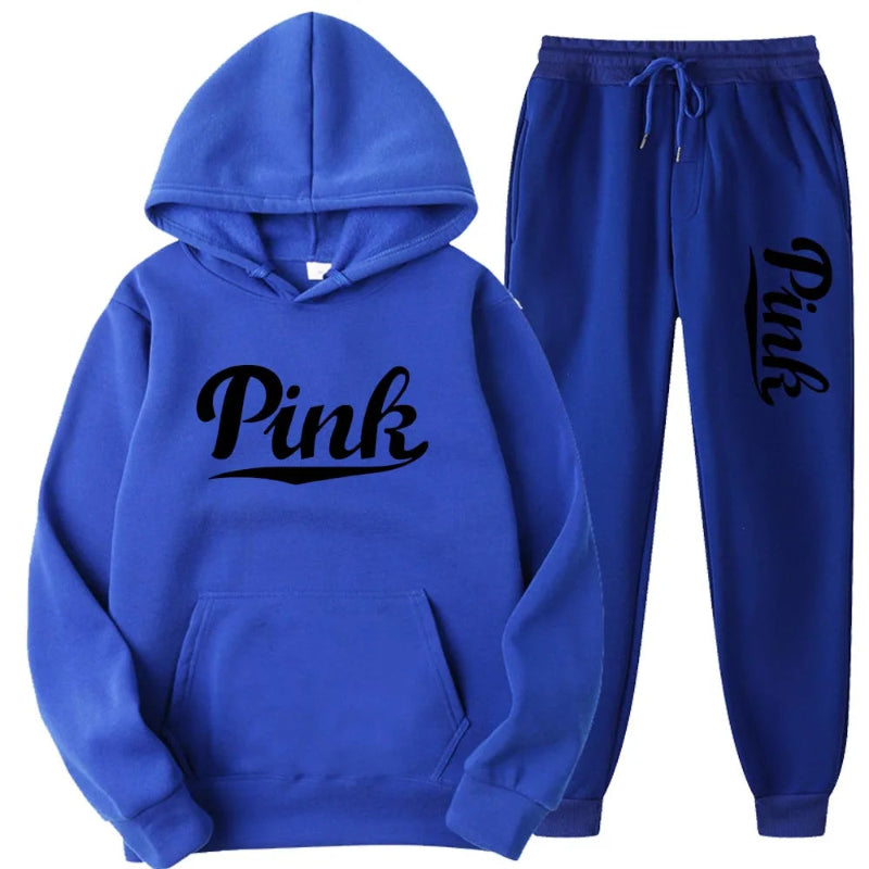 Blue hoodie and pants set with 'Pink' text on a white background